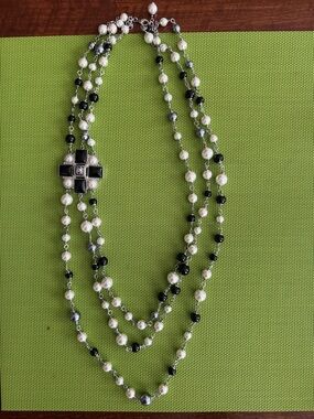 Three-Strand Black and White Beaded Cross Necklace